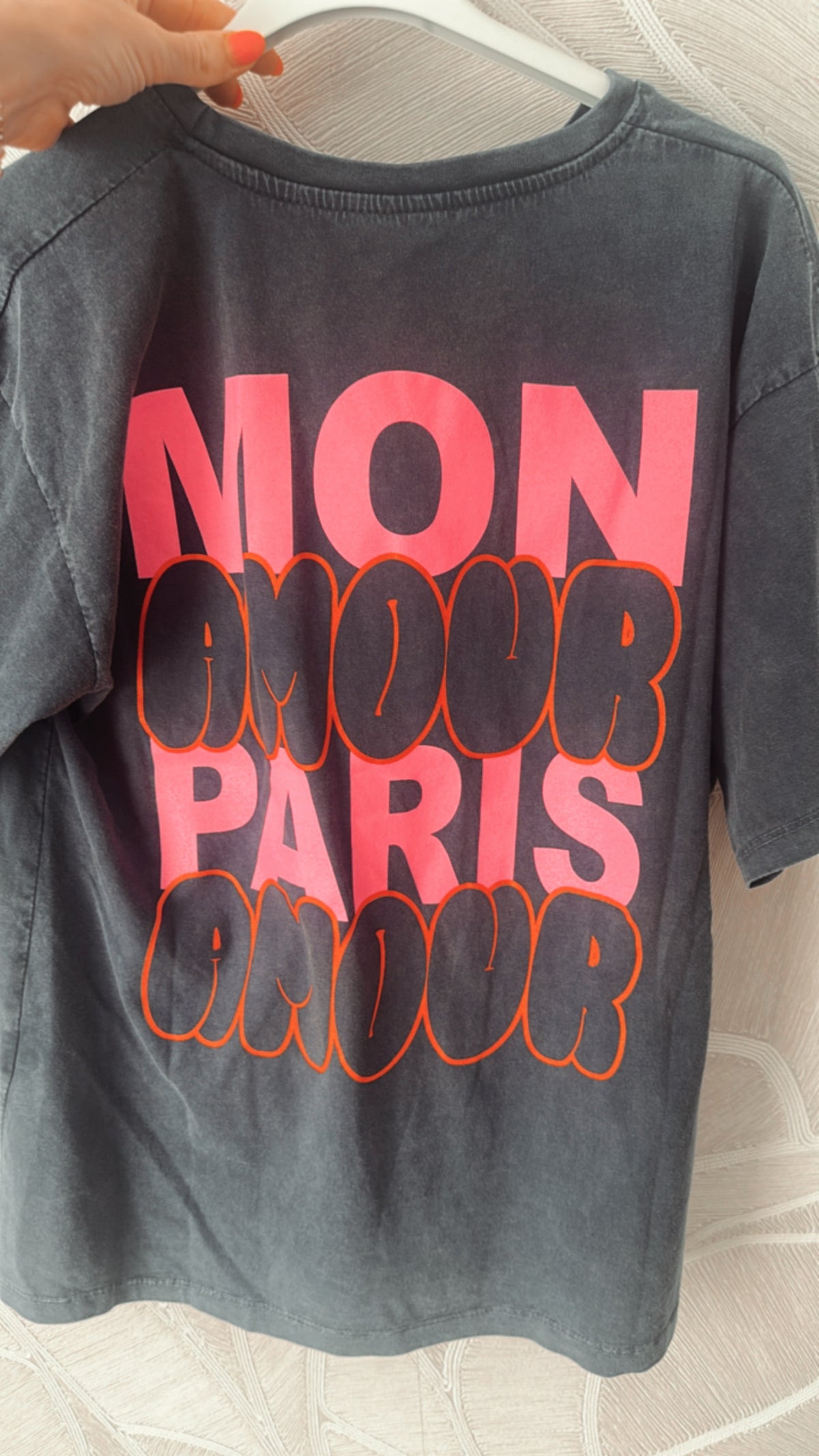 Mon Amour Paris T-shirt Grey/Neon Pink