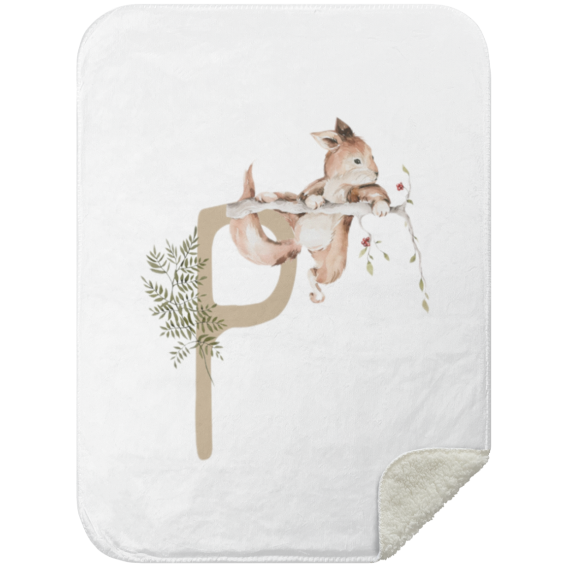 Een gezellig ogend Yumi Baby-deken met een grillig ontwerp dat een initiële 'f' vormt, met daarin een schattige illustratie van een vosje rustend op een tak.