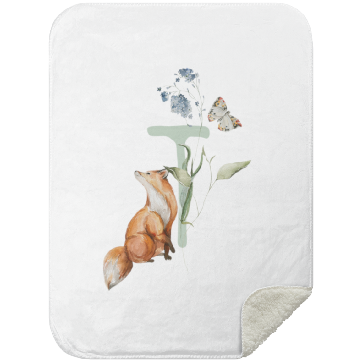 Een knusse, initiale Yumi Baby fleece deken versierd met een speelse illustratie van een vos die omhoog kijkt naar zwevende bloesems en een vlinder.