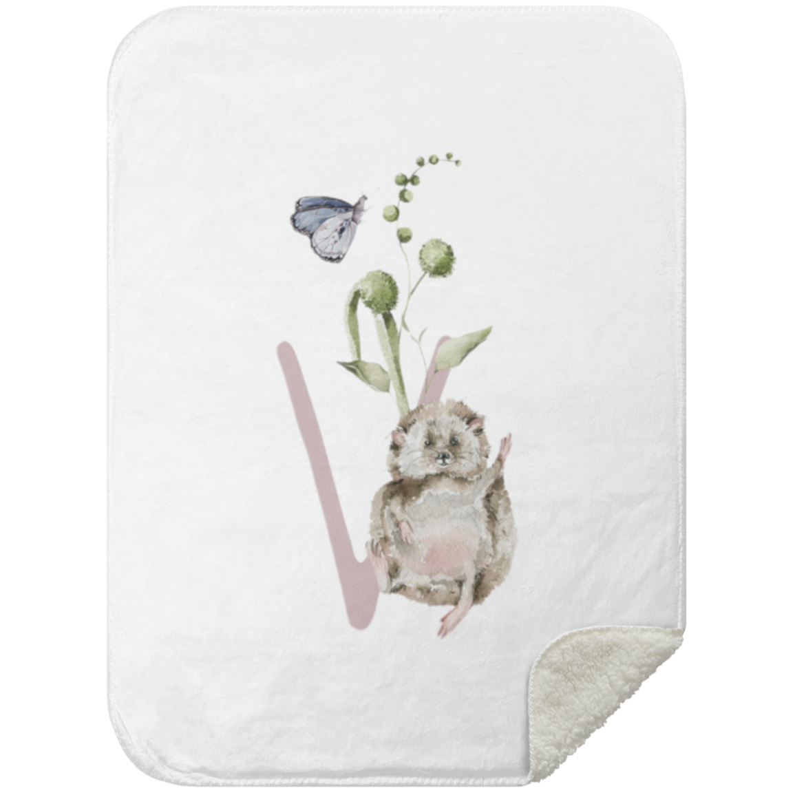 Een speelse illustratie op een witte achtergrond met een grappig bruin konijntje die een groene plant met gesloten knoppen vasthoudt, vergez Deken letter V van Yumi Baby.