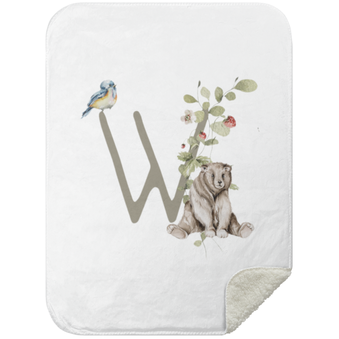 Een deken met de eerste initiaal "w", versierd met een kunstzinnig ontwerp van een klein vogeltje op een bloementak en een beer die Yumi Baby Deken letter W.