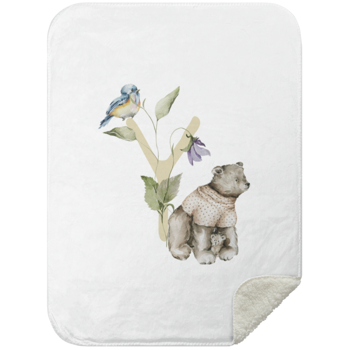 Een illustratie van een grillige scène met een beer gekleed in een overhemd met stippen, zittend naast een bloeiende plant, waarop een kleine vogel zit, en die een Deken-letter Y van Yumi Baby vasthoudt.