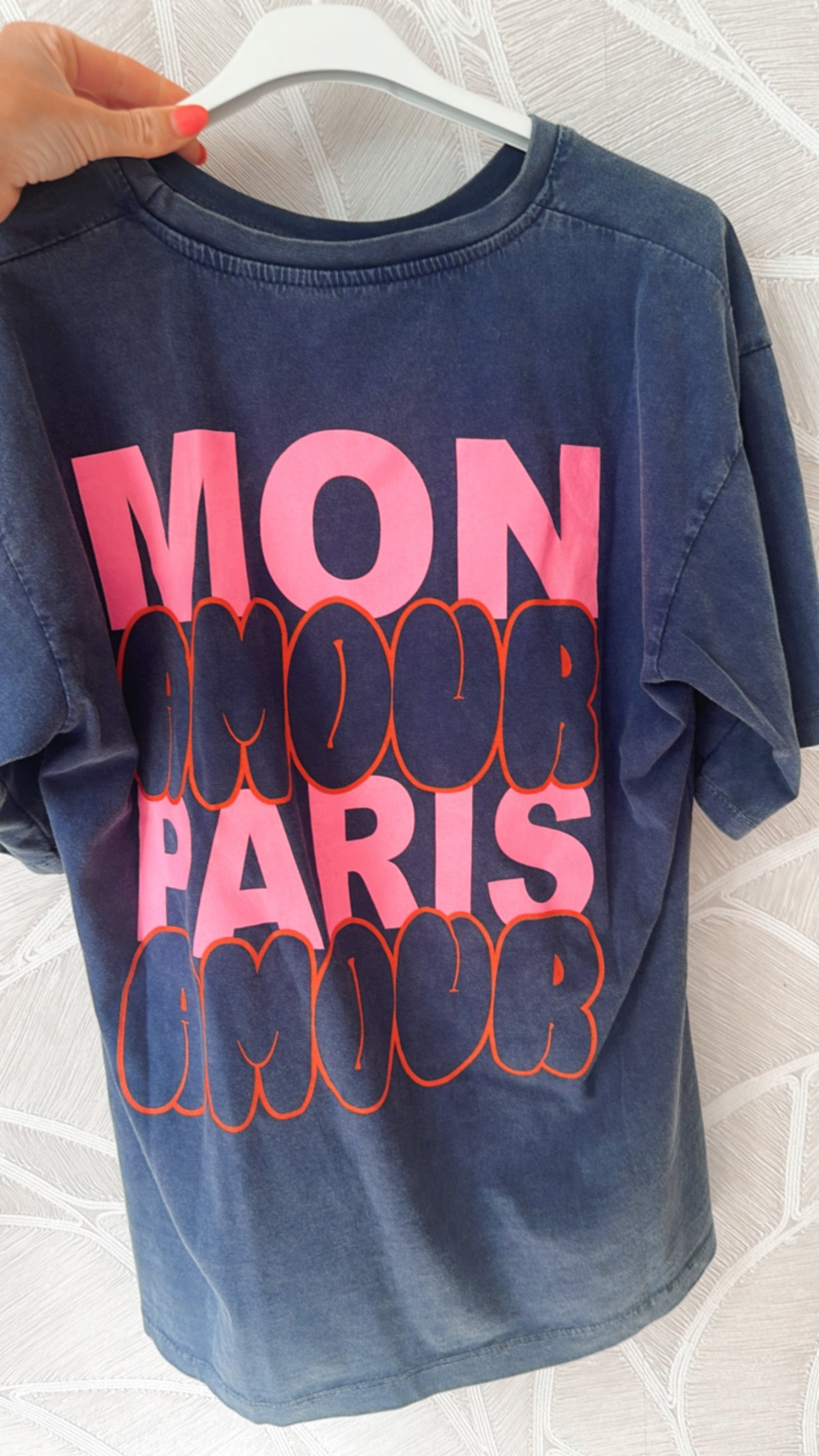 Mon Amour Paris T-shirt Navy/Neon Pink