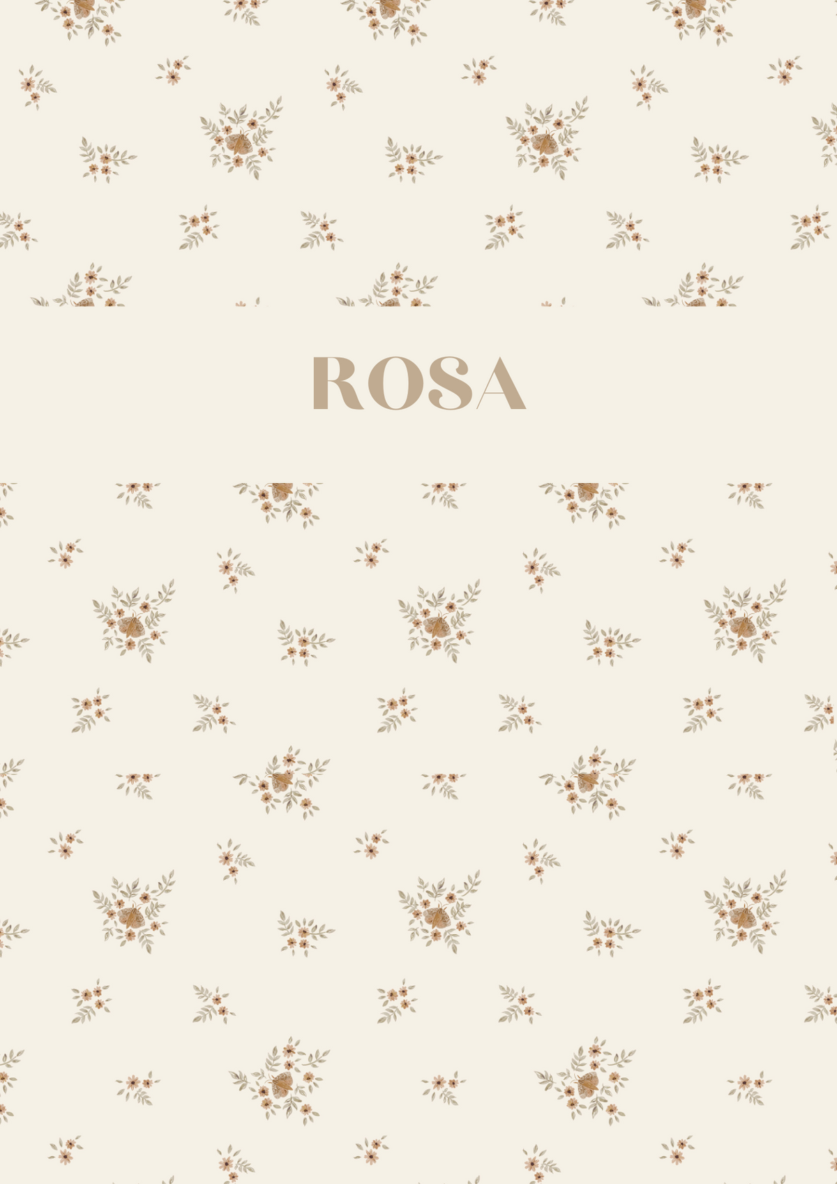 Elegante bloemenpatroonachtergrond met het woord "rosa" gecentreerd op een Naamdekken Moths In Flowers babydeken van Yumi Baby, wat een delicaat en verfijnd designthema suggereert.
