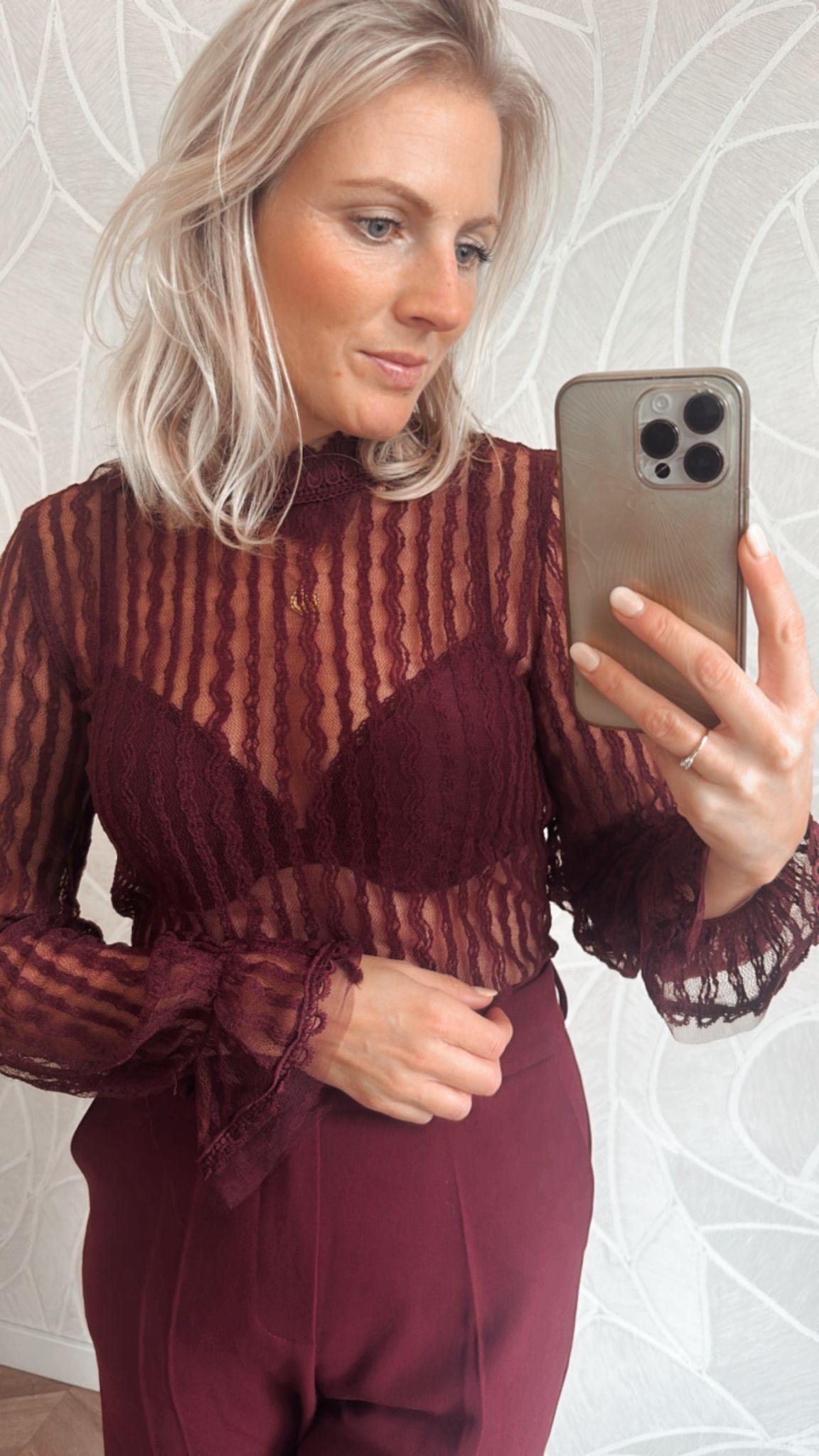 Lace Stripes High Neck Blouse – Bordeaux