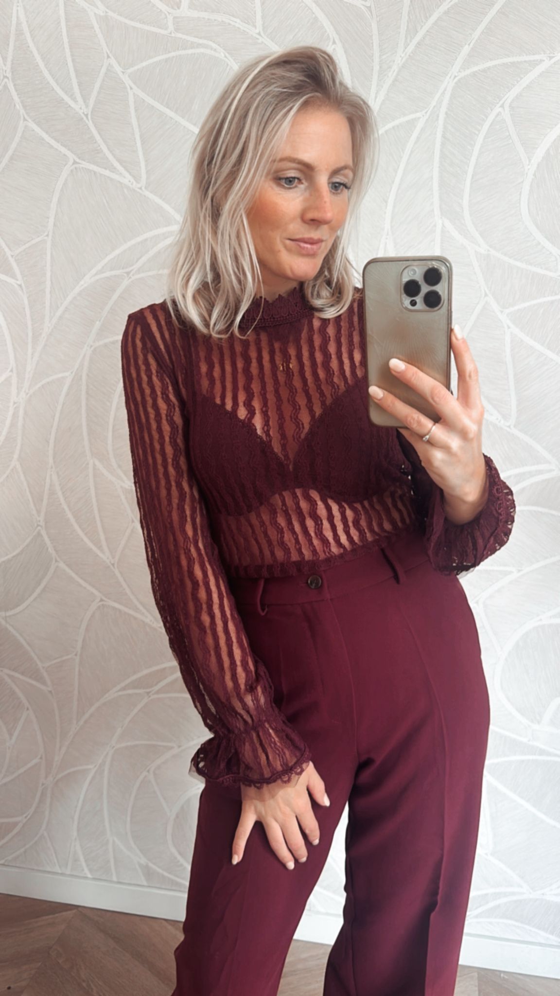 Lace Stripes High Neck Blouse – Bordeaux
