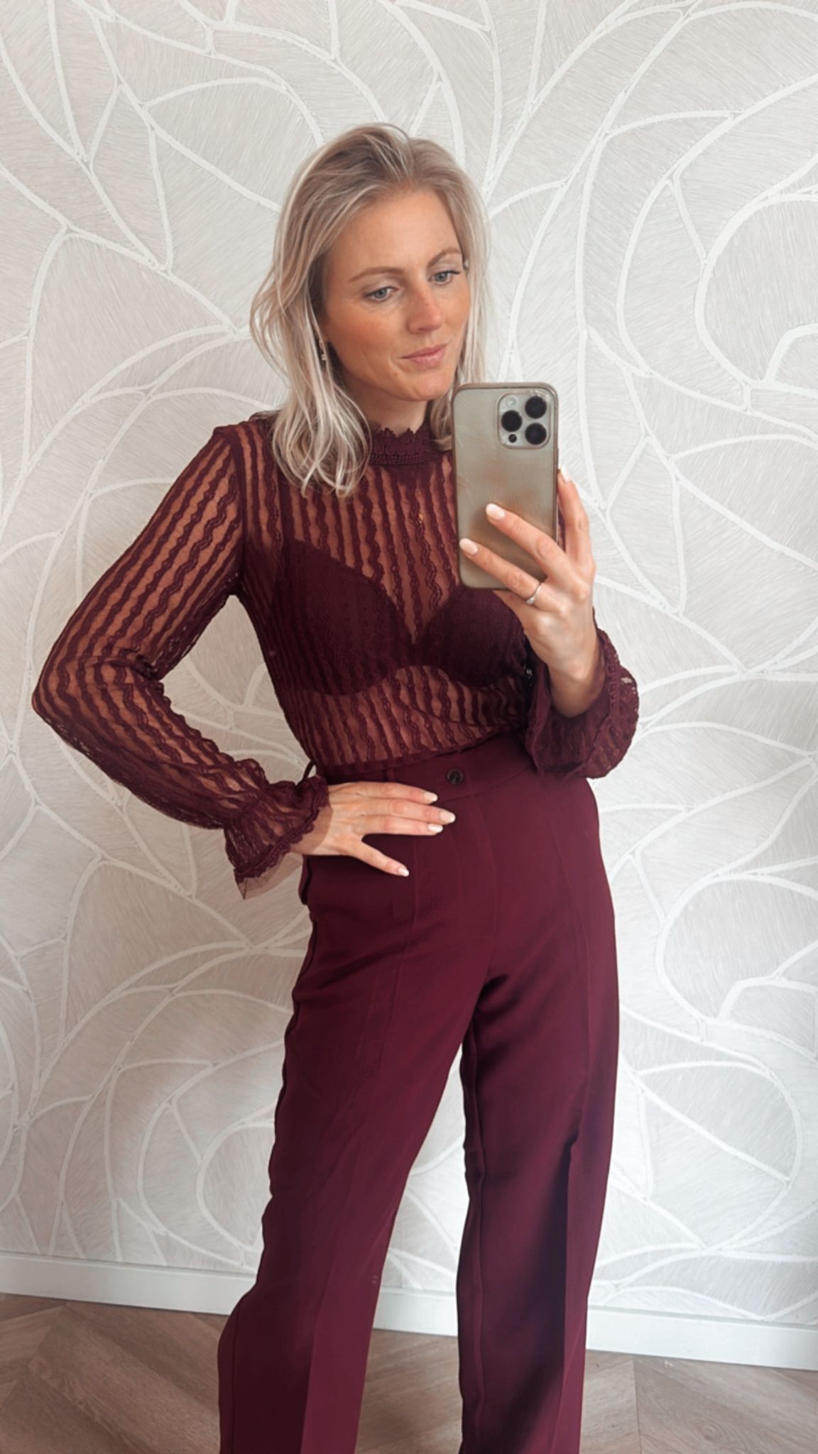 Lace Stripes High Neck Blouse – Bordeaux